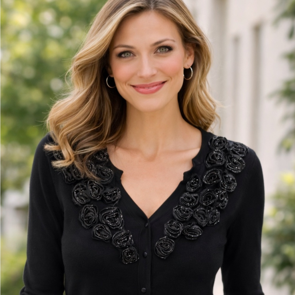 Elegant Black Cardigan with Floral Accents